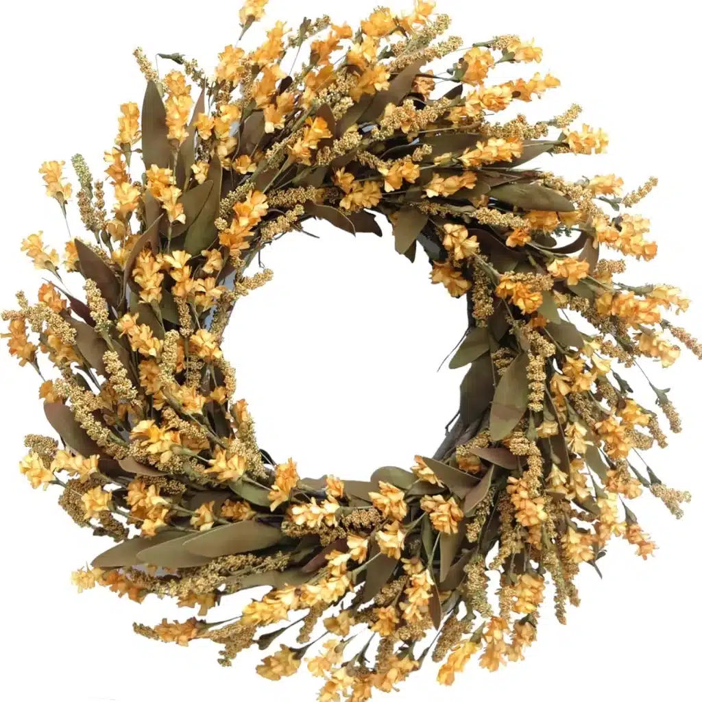 This wreath has great accent colors for your front door. 