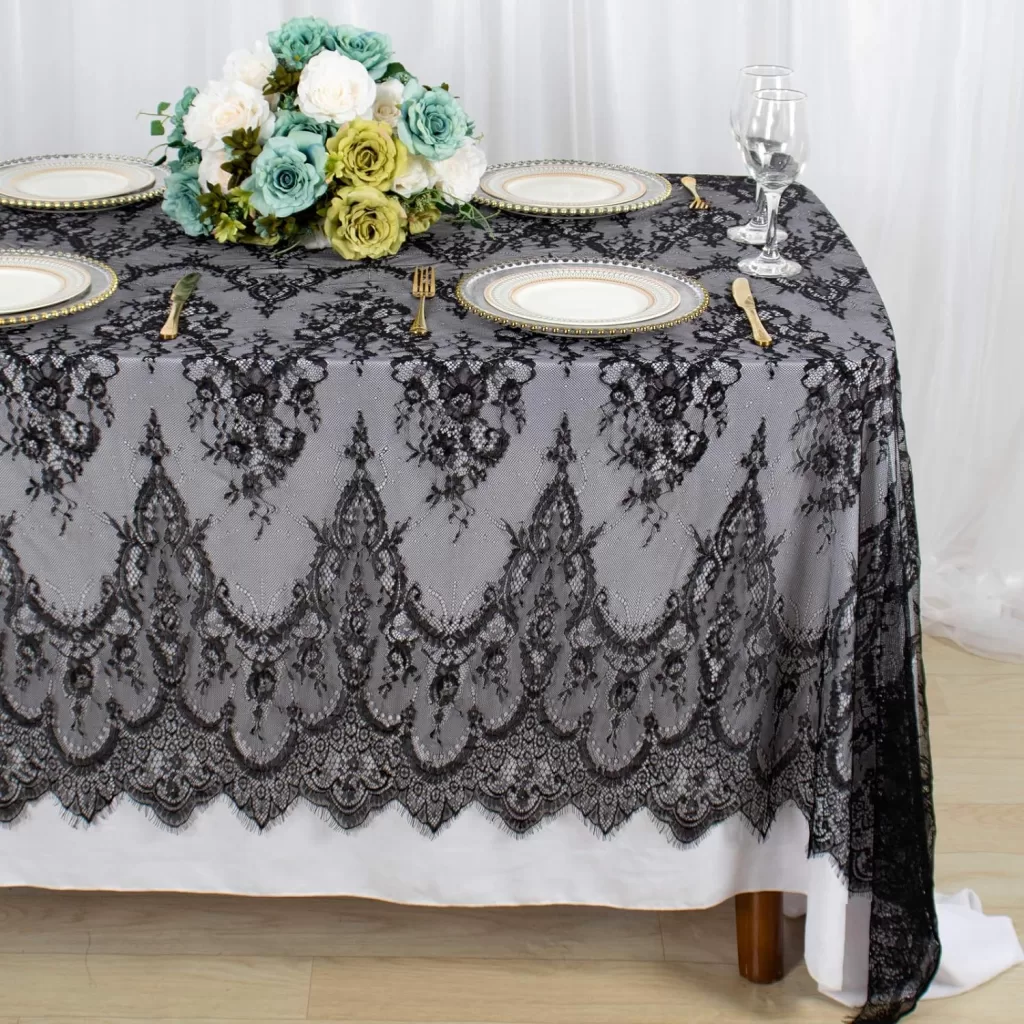 This black lace tablecloth could be one of the best halloween decorations of 2024. 