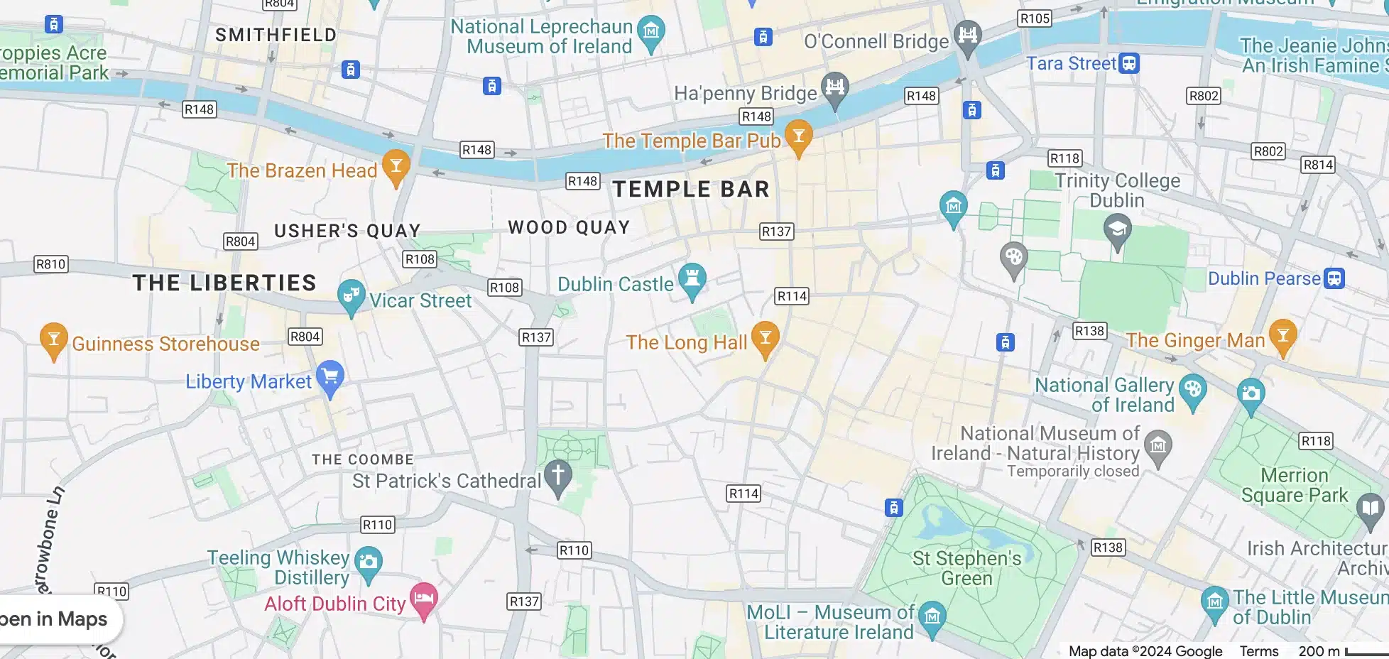 A map of the city center of Dublin so you know where to stay if you plan a Ireland trip from the USA.