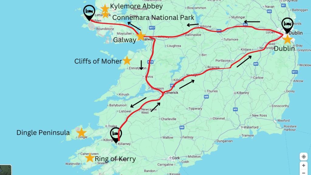 A map of our roadtrip itinerary in Ireland and highlights of how we spent 7 days.