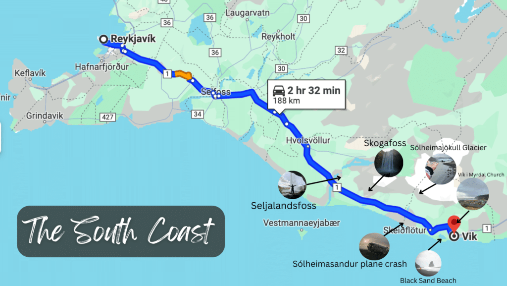 Stops along the s outh coast Iceland tour Map from Reykjavik, thru Selfoss to Vik, along with things to do and waterfalls to see.