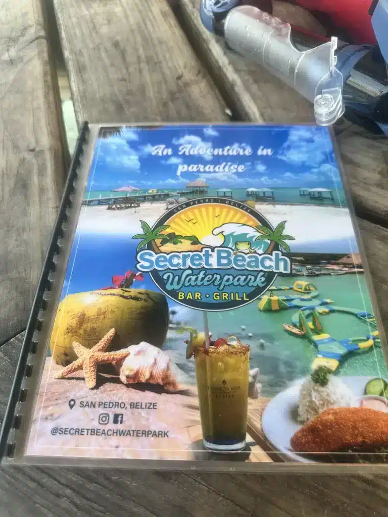 The menu at Secret Beach, which is one of the more popular things to do in San Pedro.