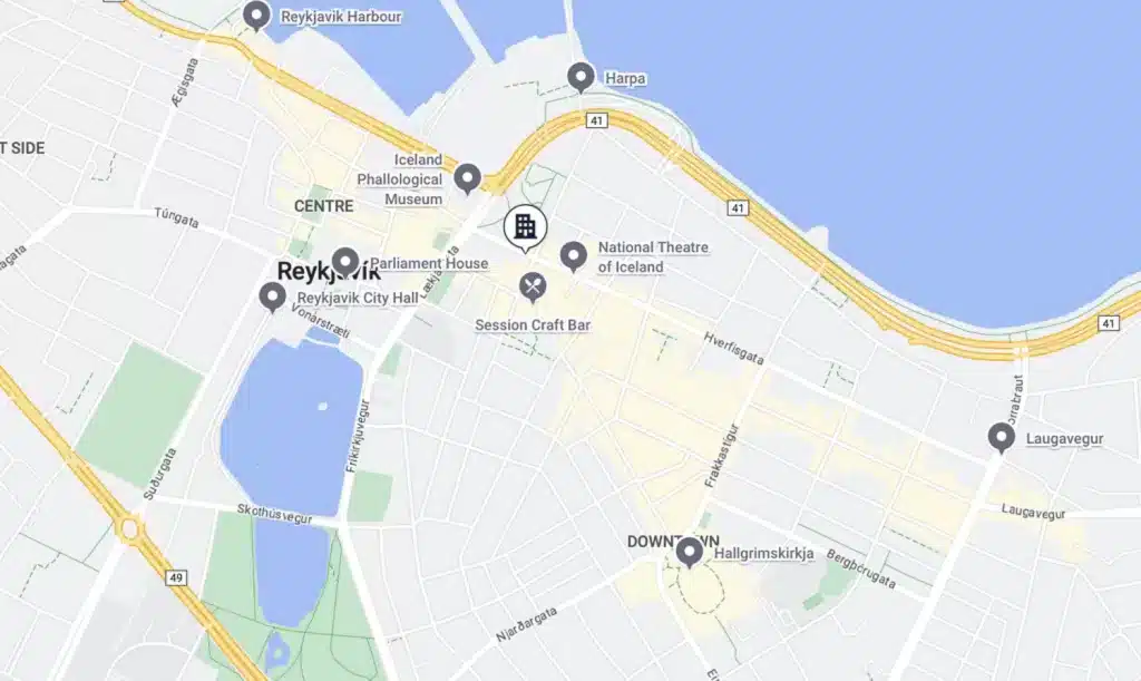 A map of Reykjavik, Iceland, showing where boutique 101 Hotel is in relation to the city center.