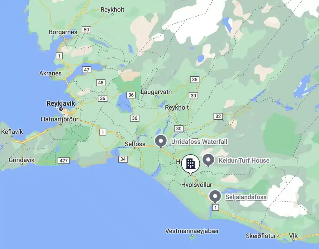 A map showing Hotel Ranga location. Located on the South Coast route, outside of Reykjavik. 