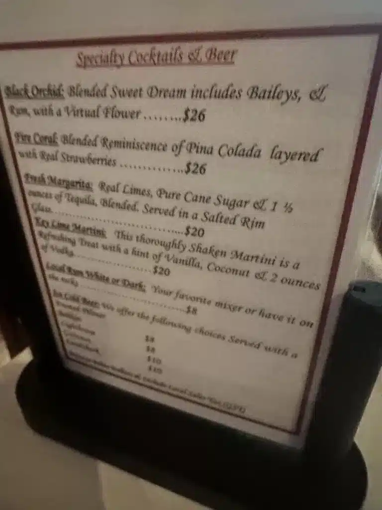 A drink menu at Black Orchid, one of San Pedro, Belize on Ambergris Caye restaurants. 