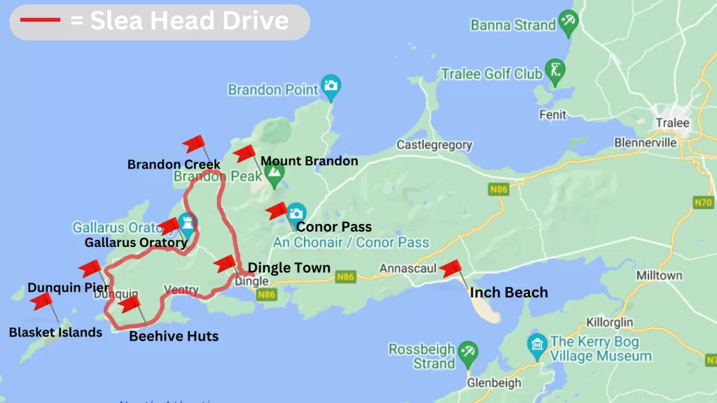 A map of attractions of the Dingle Peninsula with marked sights. 