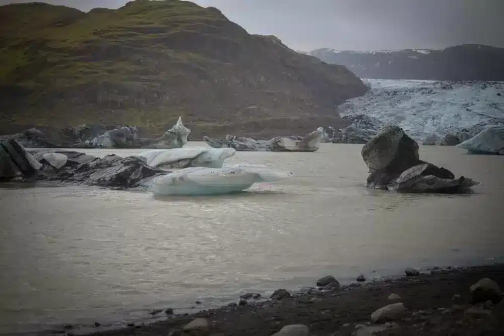 Solheimajokull glacier is a stop between Selfoss and Vik on the South Coast Iceland, as seen on the map.