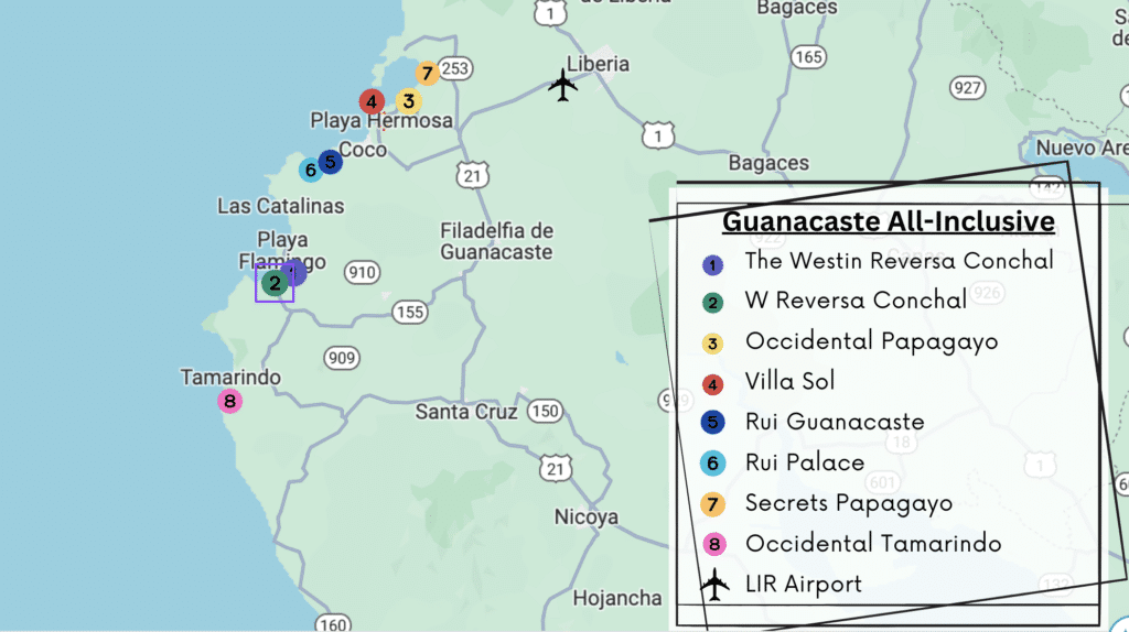 A map of all-inclusive hotels in Costa Rica for your next vacation to paradise.