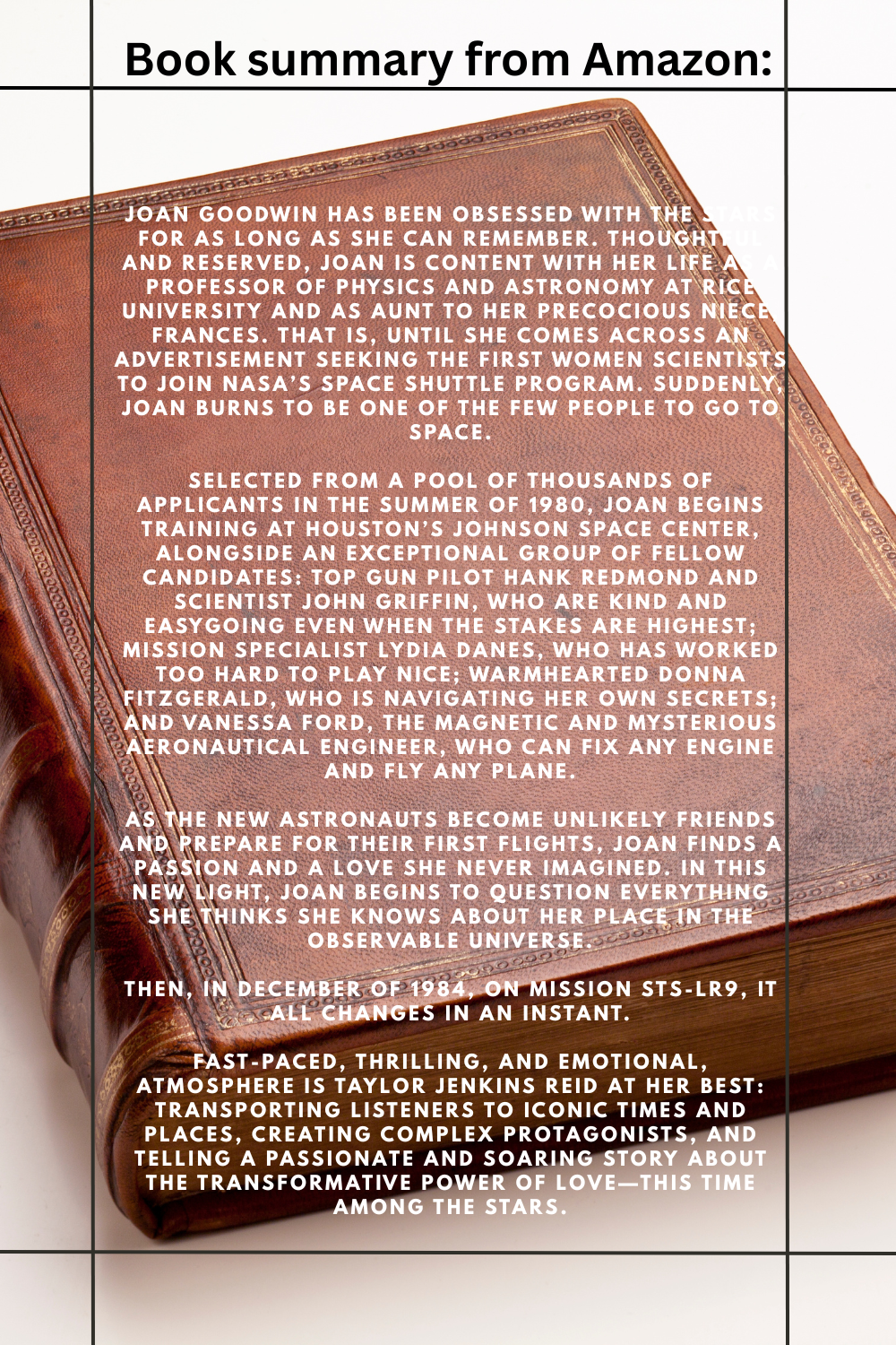 Book summary from Amazon featuring a vintage leather-bound book with text about a woman joining NASA's space shuttle program.