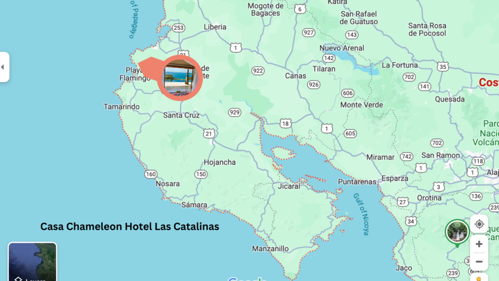 A map showing where Casa Chameleon, one of the best beach boutique hotels, is located in the Guanacaste region of Costa Rica.