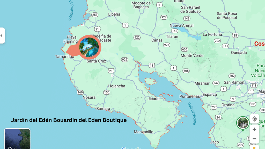 A map showing where Jardin del Eden, one of the best beach boutique hotels, is located in the Guanacaste region of Costa Rica.