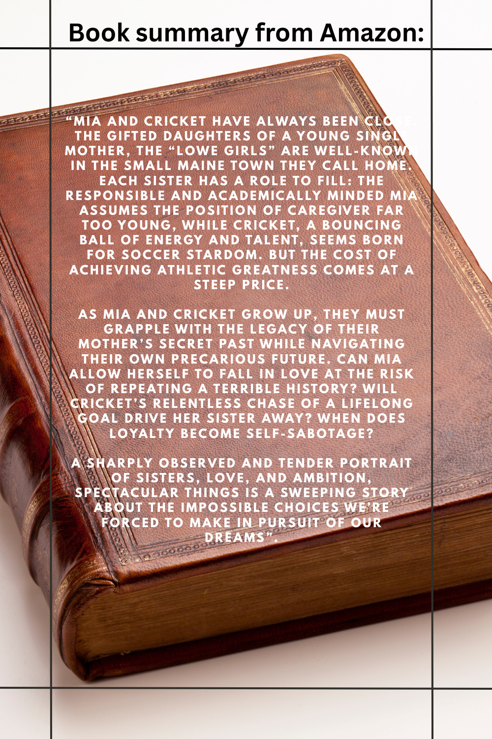 Close-up of an open vintage book with a book summary from Amazon printed on its pages.