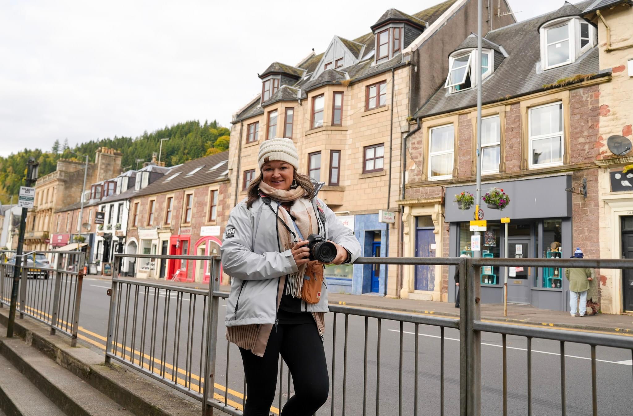 In a small town in Scotland wearing a Helly Hansen waterproof jacket on my packing list fro Scotland in October. 