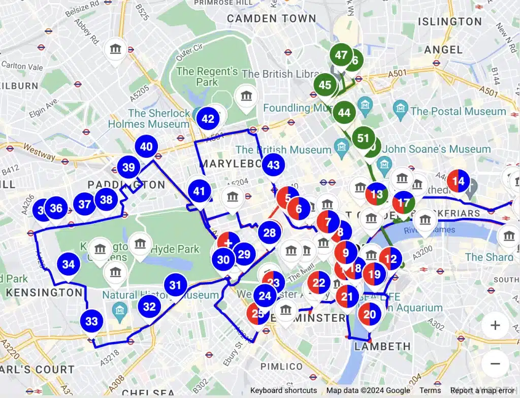 A map of the Hop On Hop Off Bus which is a great way to see London on your UK itinerary for 7 days, especially if you are without a car. 