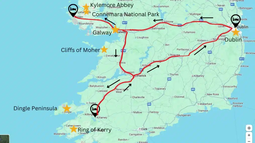 A driving map of our Ireland itinerary and the route we took for our self-drive tour. 