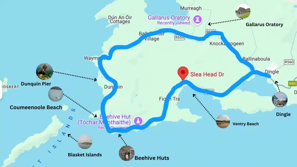 A map of Slea Head drive on the Dingle Peninsula with main attractions and free things to do. 